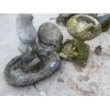 FOUR STONE EFFECT GARDEN ORNAMENTS TO INCLUDE A SMALL BIRD BATH AND A HEDGEHOG ETC