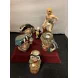 FOUR ROYAL DOULTON TOBY JUGS, A PIRATE AND A FURTHER FIGURINE
