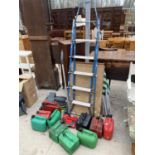 AN ASSORTMENT OF ITEMS TO INCLUDE A FIVE RUNG METAL STEP LADDER, NINE PLASTIC PETROL CANS AND A