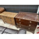 A MID 20TH CENTURY MAHOGANY CHEST OF THREE DRAWERS AND AN OAK CHEST OF TWO SHORT AND TWO LONG