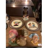 TWO BOSSONS WALL PLAQUES, A FURTHER SMALL EXAMPLE, A MUSIC BOX IN THE FORM OF A CHARACTER JUG AND