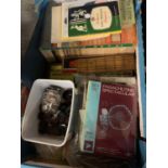 A BOX OF GAMES AND BOOKS TO INCLUDE DOMINOES AND SCORE BOARD, PLAYING CARDS ETC