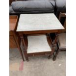 A VICTORIAN MAHOGANY BATHROOM TABLE WITH MARBLE TOP, LOWER SHELF AND SINGLE DRAWER