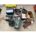 A LARGE ASSORTMENT OF POWER TOOLS TO INCLUDE A BOSCH SANDER, BLACK AND DECKER ROUTER AND A JIGSAW