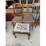 TWO BEDROOM CHAIRS WITH SPLIT-CANE SEATS AND CABRIOLE LEG STOOL