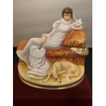AN ARENA STAFFORDSHIRE FINE BONE CHINA FIGURINE OF A LADY AND A LURCHER HAND PAINTED BY F CLARKE