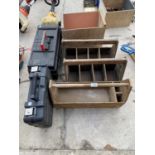 SIX TOOL BOXES TO INCLUDE THREE WOODEN SECTIONAL TOOL CARRIERS