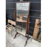 AN MAHOGANY BEVEL EDGE CHEVAL MIRROR