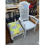 A PAINTED SPLIT CANE BACK ELBOW CHAIR AND A WHITE/GILT DRESSING STOOL