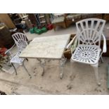 A WOODEN TOPPED CAST IRON BISTRO TABLE AND TWO METAL CHAIRS