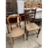A LADDERBACK DINING CHAIR WITH RUSH SEAT AND BEDROOM CHAIR WITH SPLIT CANE SEAT