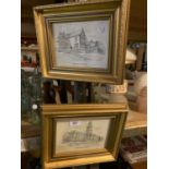 A PAIR OF GILT FRAMED PICTURES DEPICTING 'BRAMHALL HALL CHESHIRE' AND ' THE TOWN HALL STOCKPORT'