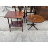 AN EDWARDIAN MAHOGANY AND INLAID TWO TIER CENTRE TABLE AND OVAL REPRODUCTION TABLE ON QUATREFOIL