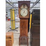 A 19TH CENTURY MAHOGANY AND INLAID EIGHT DAY LONGCASE CLOCK WITH ENAMEL DIAL DEPICTING BRITANNIA