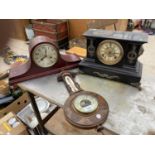 A DECORATIVE BEROMETER AND TWO MANTLE CLOCKS