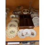 A LARGE COLLECTION OF CERAMICS TO INCLUDE ROYAL DOULTON BUNNYKINS WARE, CUTLERY TRAY WITH BRASS