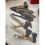 AN ASSORTMENT OF HAND TOOLS TO INCLUDE AXES, SCYTHES AND BOLT CUTTERS ETC