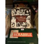 FOUR BOARD GAMES TO INCLUDE ANTIQUES ROADSHOW, IQUEST, QUOTATIONS AND SCRABBLE