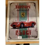 A VINTAGE STYLE METAL FRAMED 'FERRARI' RACING CAR WALL ART PICTURE 44CM X 34CM