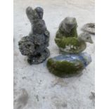 AN ASSORTMENT OF FIVE STONE EFFECT GARDEN ORNAMENTS TO INCLUDE A DUCK AND A FROG ETC