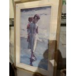 A LARGE FRAMED PRINT OF A MOTHER AND CHILD ON THE SHORELINE (BACK A/F)