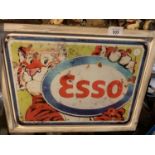 A VINTAGE STYLE METAL FRAMED 'ESSO TIGER' COMIC WALL ART PICTURE 44CMS X 34CMS