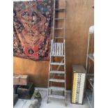 A 5 RUNG WOODEN STEP LADDER AND A FURTHER 10 RUNG WOODEN LADDER