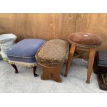 THREE VINTAGE WOODEN STOOLS WITH CUSHIONED TOPS