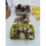 A LARGE COLLECTION OF ASSORTED ITEMS TO INCLUDE STONE WARE VESSELS AND SOME BRASS ITEMS ETC