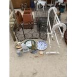 AN ASSORTMENT OF ITEMS TO INCLUDE A TOWEL RAIL, TWO CLOCKS AND A FIRE GUARD ETC