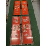 FOUR CHINESE DECORATIVE RED PLAQUES WITH ORIENTAL FIGURES IN RELIEF (APPROXIMATELY 91X30CM)