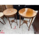 TWO EDWARDIAN MAHOGANY AND INLAID TWO TIER OCCASIONAL TABLES, 21" DIAMETER AND 18" DIAMETER