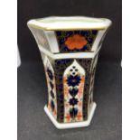 A ROYAL CROWN DERBY HEXAGONAL VASE APPROXIMATELY 11CM TALL