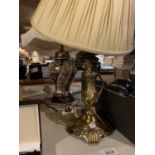 TWO TABLE LAMPS, ONE BRASS AND ONE DECORATIVE CERAMIC TO INCLUDE SHADES FOR BOTH