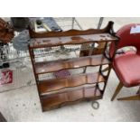 REPRODUCTION MAHOGANY OPEN SHELVES WITH THREE DRAWERS, 27" WIDE