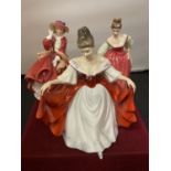 THREE ROYAL DOULTON FIGURINES (SECONDS) TO INCLUDE TOP OF THE HILL, FAIR LADY RED, AND SARA