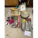 AN ASSORTMENT OF SEWING AND KNITTING ITEMS TO INCLUDE NEEDLES, BOOKS AND TAPESTRY ETC