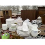 AN ASSORTMENT OF CERAMIC WARE TO INCLUDE BISCUIT BARREL, CUPS AND PANS ETC