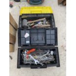AN ASSORTMENT OF HAND TOOLS TO INCLUDE SPANNERS, PLIERS AND A RASP TO ALSO INCLUDE TWO TOOL BOXES
