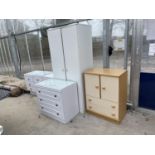 FOUR WHITE BEDROOM CHESTS, WHITE WARDROBE AND A TALLBOY