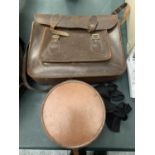 A VINTAGE SATCHEL AND A ROUND VINTAGE SHIRT COLLAR BOX WITH INTEGRATED COLLAR STUD SECTION