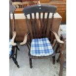 A VICTORIAN ELM AND BEECH LATH BACK FARMHOUSE CHAIR