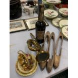 A VINTAGE BOTTLE OF 'VIRONITA' NATURES RESTORATIVE, AN AYNSLEY TRIO, A BRASS HORN AND THREE