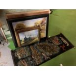 FIVE FRAMED PICTURES RELATING TO TRAVEL AND AN EMBROIDERED MAP OF THE ISLE OF MAN