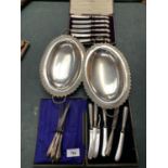 VARIOUS ITEMS TO INCLUDE FIVE WITH INDISTINCT HALLMARKED HANDLES, A SET OF WALKER AND HALL BOXED