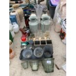 AN ASSORTMENT OF ITEMS TO INCLUDE THREE LANTERNS, GLASS VASES AND BOTTLES ETC