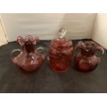 THREE PIECES OF CRANBERRY DRESSING TABLE GLASS