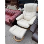 A STRESSLESS CREAM LEATHER RECLINING ARMCHAIR AND FOOTSTOOL