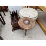 A HARDWOOD ASIAN SMALL TABLE, MAGAZINE RACK AND POUFFE