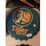 A VINTAGE GARAGE RETRO 'TIGER' HANGING WALL BEER BOTTLE CAP DISPLAY SIGN 35CM